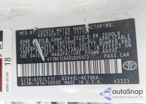 2013 Toyota Avalon Xle Touring из США, поврежденный, VIN 4T1BK1EB8DU004973